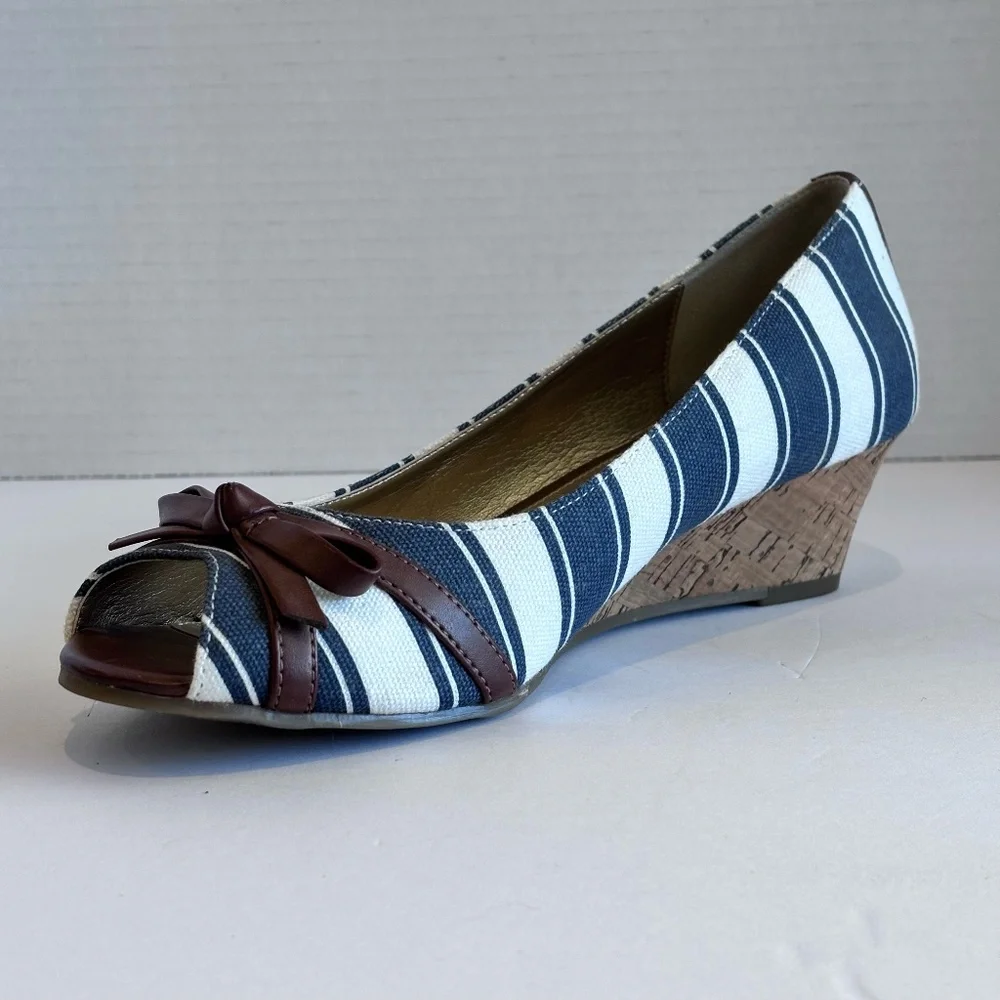 Kelly & Katie Women's Open Toe Low Wedge Cork Heel Blue White Stripe Fabric Shoe